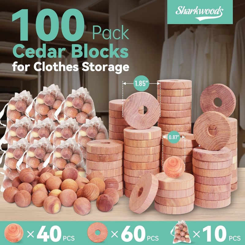 SHARKWOODS Cedar Blocks for Clothes Storage 100 Pack, 100% Natural Aromatic Cedar Rings and Balls for Closets & Drawers Freshener (60 Rings & 40 Balls) - Image 2